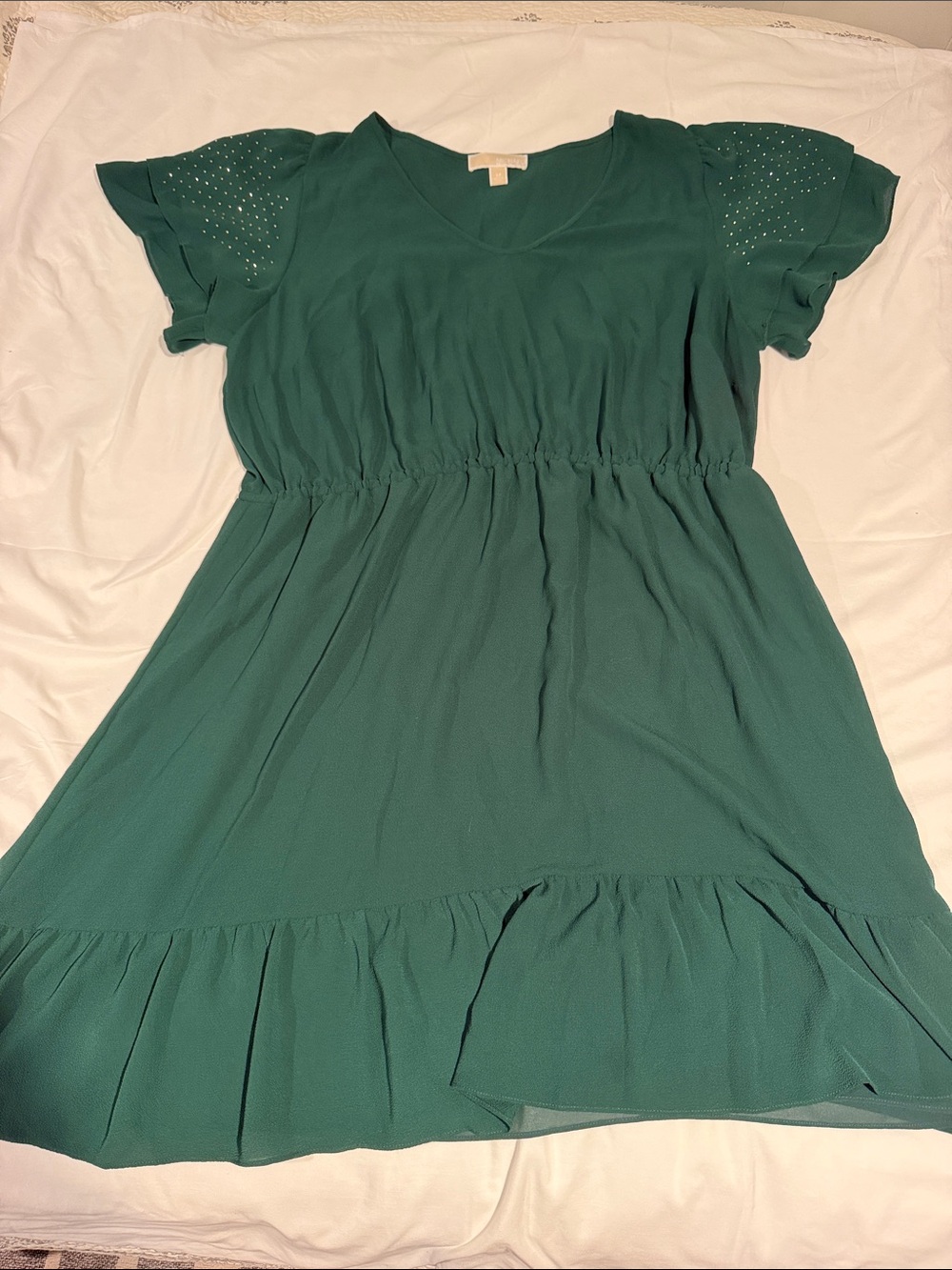 NWOT Michael Kors green Short-Sleeve Ruffle-Hem Mini Dress
